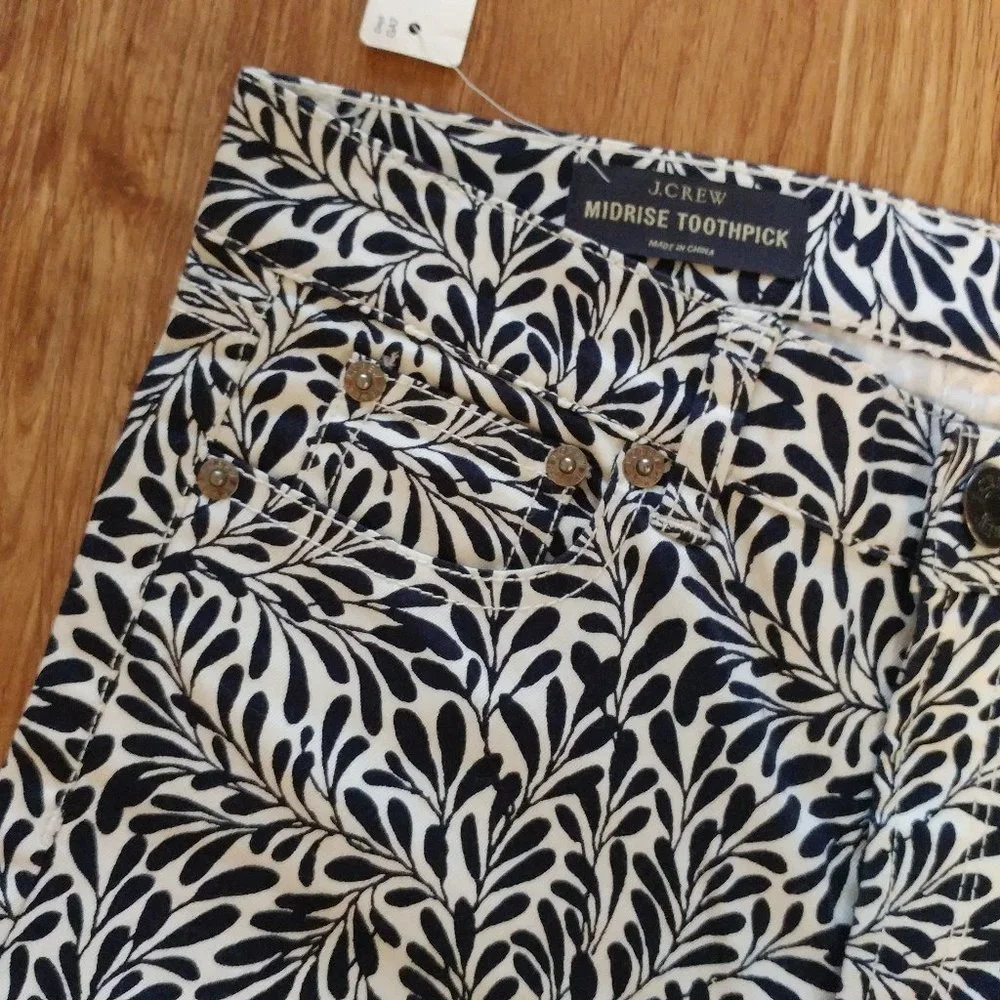 J. Crew Mid-rise Toothpick Black & White Fern Print Pants - Size 24 NWT.